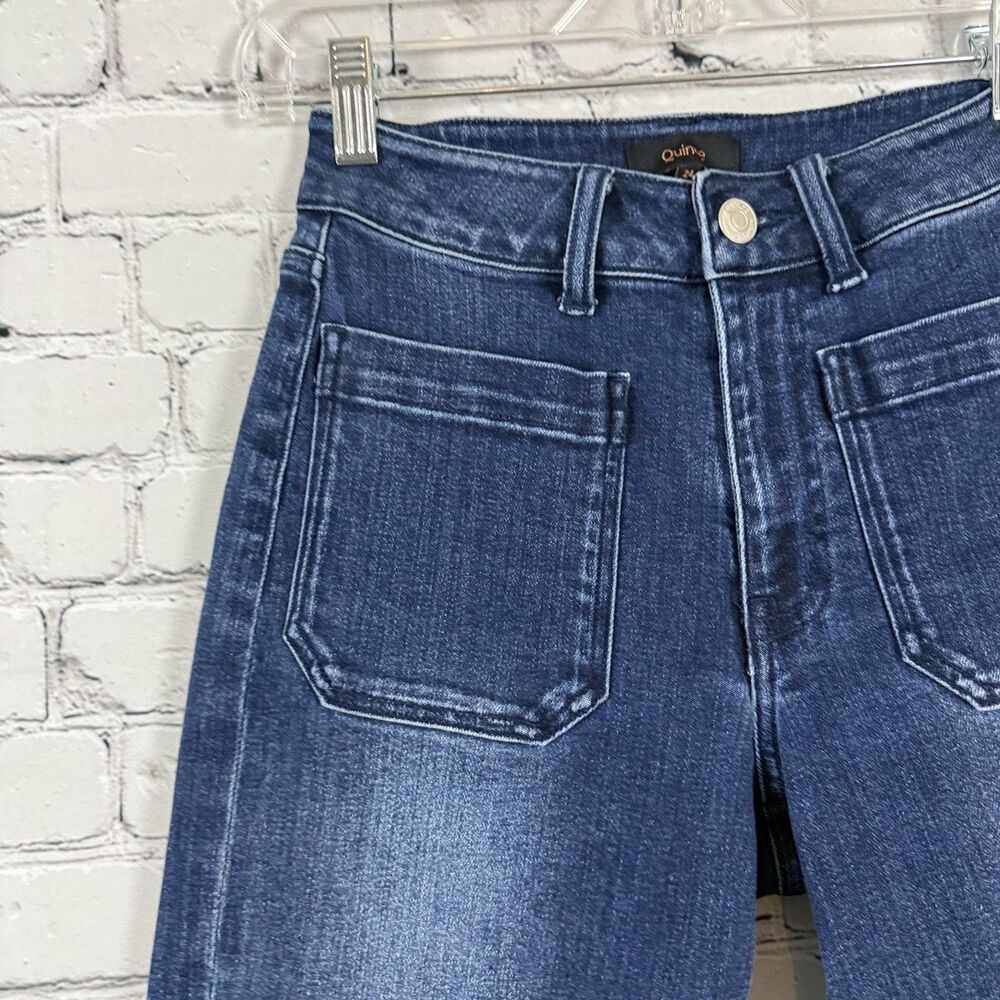 Quince Stretch High Rise Patch Pocket Wide Leg Jeans Dark Blue Wash - Picture 7 of 13